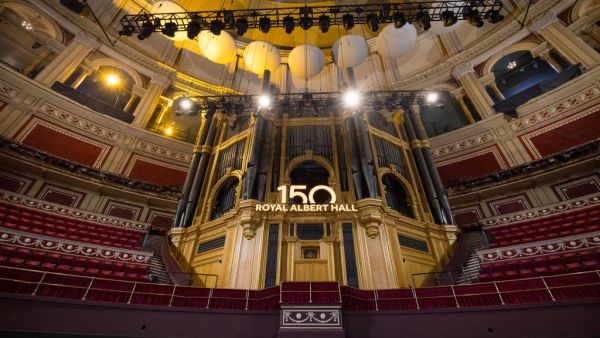 A 150 anniversary sign is seen inside the Royal Albert Hall in London on July 15, 2021. London's iconic Royal Albert Hall is celebrating its 150th birthday with a concert 