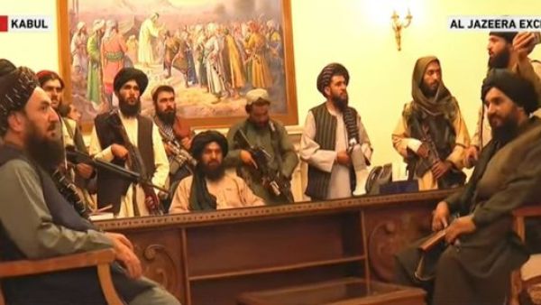 Taliban leaders in the presidential Palace in Kabul 