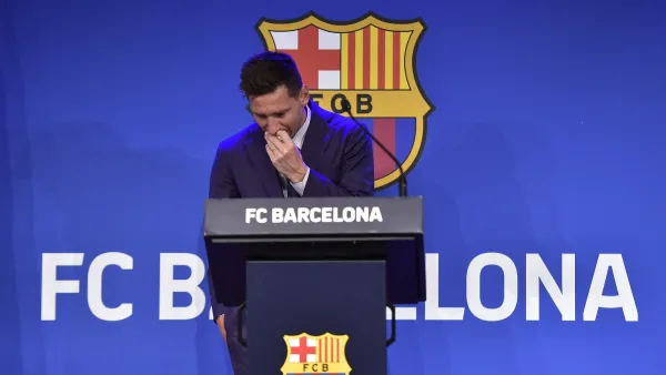Barcelona's Argentinian forward Lionel Messi cries during a press conference at the Camp Nou stadium in Barcelona on August 8, 2021. The six-time Ballon d'Or winner Messi had been expected to sign a new five-year deal with Barcelona on August 5 but instead, after 788 games, the club announced he is leaving at the age of 34. (Photo: AFP)