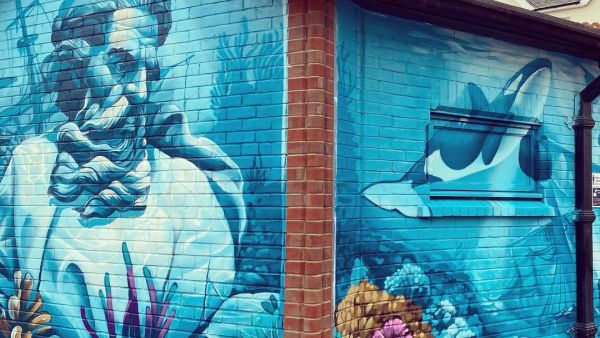 Gods of The Sea mural by Tech Moon on Southbourne Crossroads Public Toilets. 