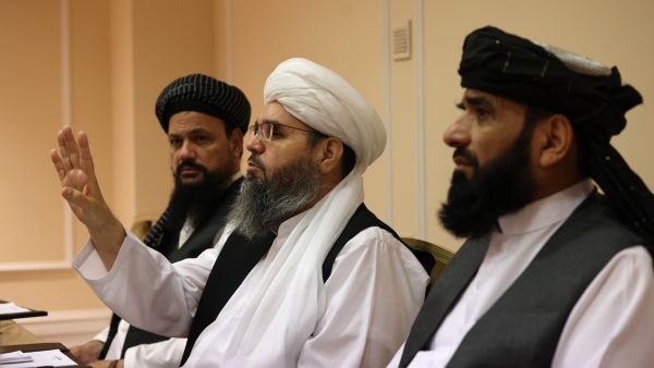Taliban negotiators Abdul Latif Mansoor (L), Shahabuddin Delawar (C) and Suhail Shaheen (R) attend a press conference in Moscow on July 9, 2021. Russia on July 9, 2021 said the Taliban controls about two-thirds of the Afghan-Tajik border and urged all sides in Afghanistan to show restraint. / AFP / Dimitar DILKOFF Taliban spokesperson called for addressing the 76th General Assembly