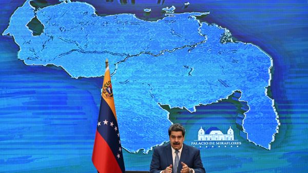 Venezuelan President Nicolas Maduro speaks during a press conference with international media correspondents at the Miraflores Presidential Palace in Caracas, on August 15, 2021. (Photo by Federico PARRA / AFP) Venezuelan President called on the US to end sacntions