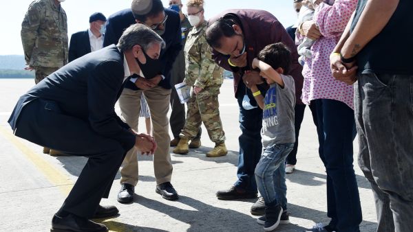 US Secretary of State Antony Blinken arrived at the US air base in Ramstein, south-western Germany where he will hold a virtual 20-nation ministerial meeting on the crisis alongside his German counterpart. (Photo by Olivier DOULIERY / POOL / AFP) The chaotic Afghanistan evacuation took place last month.