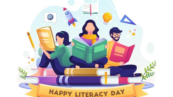 Happy Literacy Day. Young People celebrate Literacy Day by reading books. By agny_illustration (Shutterstock)