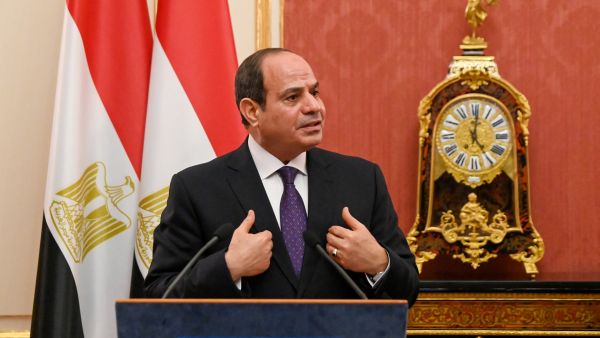 Egyptian President Abdel Fattah al-Sisi speaks at a joint press conference with his Hungarian counterpart in the Maria Theresia hall of the presidential palace in Budapest, Hungary, on October 12, 2021. (Photo by Attila KISBENEDEK / AFP) Egyptian President Abdel Fattah al-Sisi