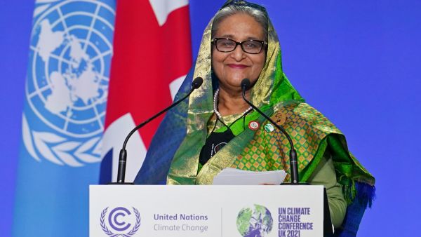 Bangladesh's Prime Minister Sheikh Hasina, presents her national statement as part of the World Leaders' Summit of the COP26 UN Climate Change Conference in Glasgow, Scotland on November 1, 2021.  Ian Forsyth / POOL / AFP Bangladesh urges world leaders to share responsibility of climate migrants