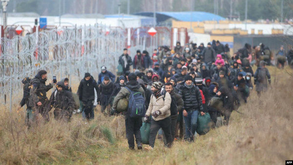 A group of migrants moves along the Belarusian-Polish border toward a camp to join those gathered at the spot and aiming to enter EU member Poland, in the Hrodna region on November 12. (AFP File Photo) On the Polish-Belarus border