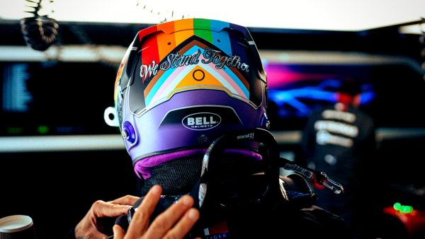 Pride flag on Hamilton's helmet