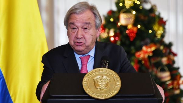 UN Secretary-General Antonio Guterres talks to the media during a press conference at Nariño presidential palace in Bogota, on November 24, 2021. (Photo by DANIEL MUNOZ / AFP) UN Secretary-General Antonio Guterres