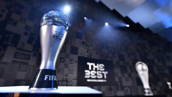 This photograph taken in Zurich on January 17, 2022 shows a trophy of a FIFA Best Football Award prior to the ceremony at FIFA Headquarters. (Photo by Harold Cunningham / POOL / AFP)
