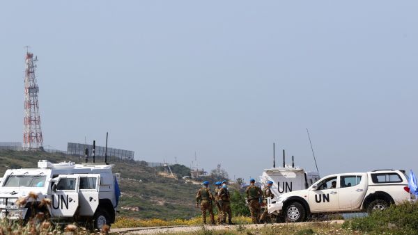 A patrol unit of the United Nations peacekeeping force in Lebanon (UNIFIL) is stationed in the southernmost Lebanese town of Naqura by the border with Israel, as talks on maritime borders between the two countries, still technically at war, are set to resume under UN and US auspices, on May 4, 2021. / AFP / Mahmoud ZAYYAT “an agreement on the maritime borders between Lebanon and Israel could create a much-needed opportunity to achieve prosperity for Lebanon’s future”