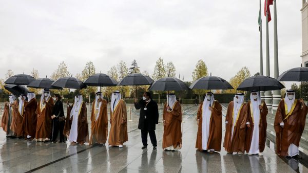 Officials of the United Arab Emirates (UAE) attend a ceremony held by Turkish President Recep Tayyip Erdogan in Kulliye in Ankara, on November 24, 2021. (Photo by Adem ALTAN / AFP) 13 agreements in various areas were signed between both countries