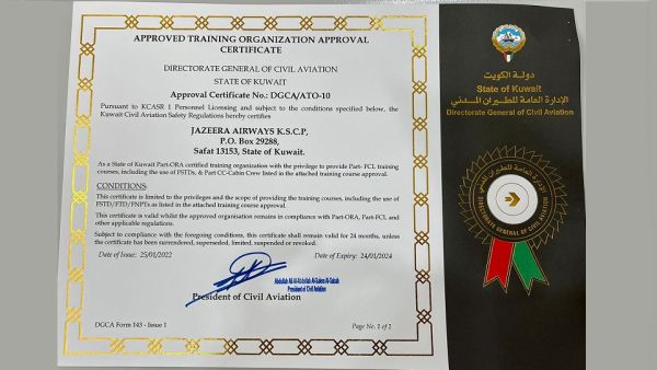 Jazeera Airways Certified By Kuwait’s Civil Aviation To Provide Pilot And Cabin Crew Training 