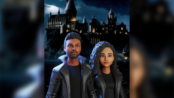 The couple's avatars against a Hogwarts-inspired background. (Photo Courtesy TardiVerse) Metaverse wedding