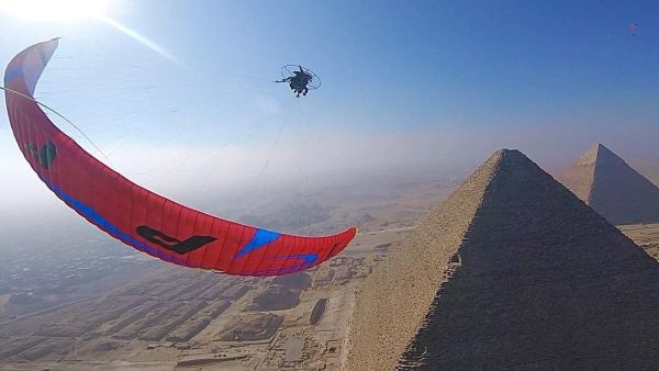 Yanis Terzis, 35, filmed himself gliding over famous Egyptian pyramids in Cairo  