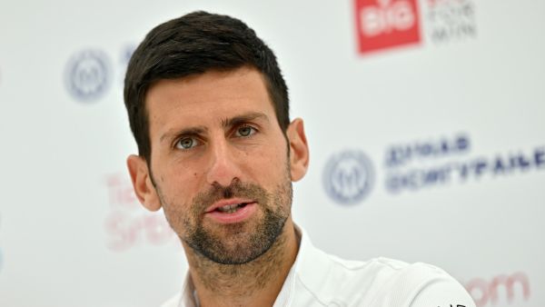 Serbia's Novak Djokovic attends a press conference during the Serbia Tennis Open ATP 250 series tournament in Belgrade on April 18, 2022. (Photo by Andrej ISAKOVIC / AFP)