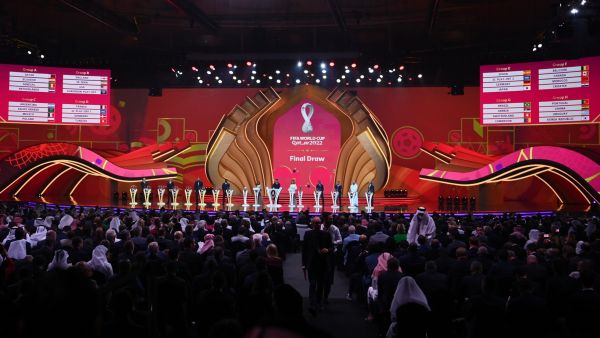 A picture shows a general view during the draw for the 2022 World Cup in Qatar at the Doha Exhibition and Convention Center on April 1, 2022. (Photo by FRANCK FIFE / AFP)