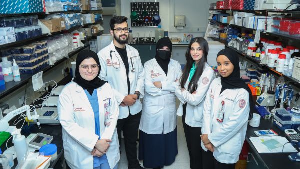 From left: Maryam Ali Al-Quradaghi, Shamin Hayat Mahmud, Dr. Isra Marei, Tala Abu Samaan and Asmaa A Farah WCM-Q Researchers and Students Publish Study on 3D Tissue-engineered Drug Screening Platforms