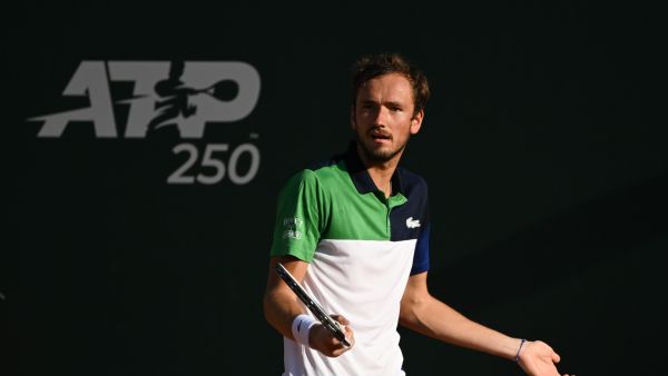 Russia's Daniil Medvedev reacts after losing a point against France's Richard Gasquet during their ATP 250 Geneva Open tennis match in Geneva on May 17, 2022. (Photo by Fabrice COFFRINI / AFP)