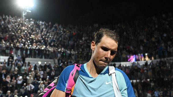Spain's Rafael Nadal leaves after losing his third round match against Canada's Denis Shapovalov at the ATP Rome Open tennis tournament on May 12, 2022 at Foro Italico in Rome. (Photo by Andreas SOLARO / AFP)