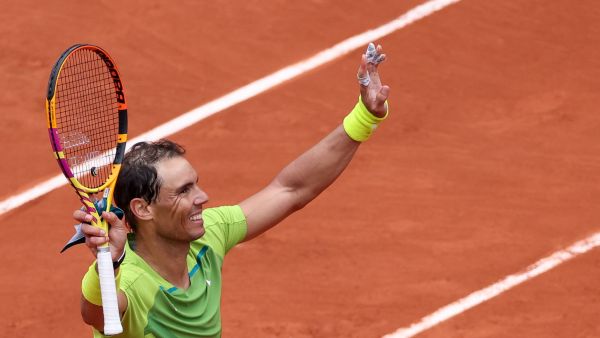 Spain's Rafael Nadal reacts after winning their men's singles match against Australia's Jordan Thompson at the Court Philippe-Chatrier on day two of the Roland-Garros Open tennis tournament in Paris on May 23, 2022. (Photo by Thomas SAMSON / AFP)