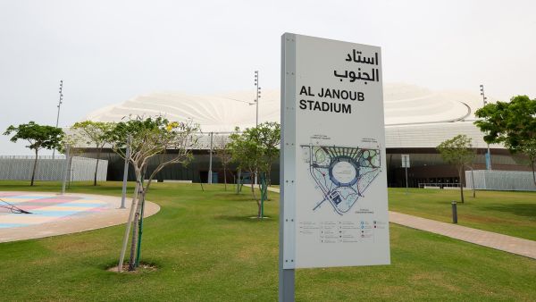 An exterior view of the al-Janoub Stadium in Doha, which will host matches of the FIFA football World Cup 2022. (Photo by KARIM JAAFAR / AFP)