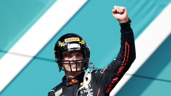 Race winner Max Verstappen of the Netherlands and Oracle Red Bull Racing celebrates on the podium during the F1 Grand Prix of Miami at the Miami International Autodrome on May 08, 2022 in Miami, Florida. Mark Thompson/Getty Images/AFP (Photo by Mark Thompson / GETTY IMAGES NORTH AMERICA / Getty Images via AFP)