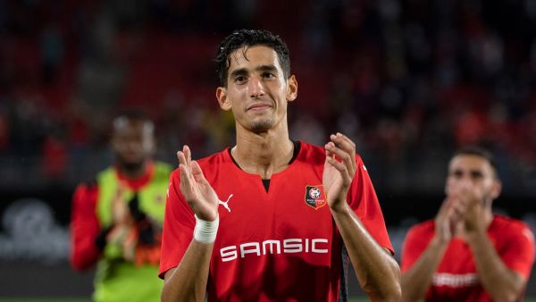 Rennes' Moroccan defender Nayef Aguerd celebrates after victory in the Conference Europa league football match between Rennes and Rosenborg at the Rohazon Park Stadium in Rennes, western France, on August 19, 2021. (Photo by LOIC VENANCE / AFP)