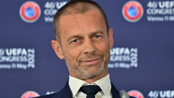 UEFA president Aleksander Ceferin speaks during the press conference following the end of the 46th UEFA Congress and Executive Committee meeting at the Messe Wien Exhibition Congress Center in Vienna, Austria on May 11, 2022. (Photo by JOE KLAMAR / AFP)