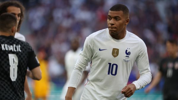 France's forward Kylian Mbappe looks on during the UEFA Nations League - League A Group 1 football match between France and Croatia at the Stade de France in Saint-Denis, on the outskirts of Paris on June 13, 2022. (Photo by Thomas SAMSON / AFP)
