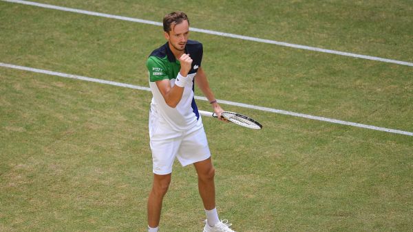 Russia's Daniil Medvedev reacts during the men's singles semi-final tennis match against Germany's Oscar Otte at the ATP 500 Halle Open tennis tournament in Halle, western Germany, on June 18, 2022. (Photo by Carmen JASPERSEN / AFP)