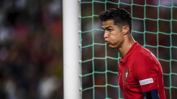 Portugal's forward Cristiano Ronaldo reacts during the UEFA Nations League, league A group 2 football match between Portugal and Czech Republic at the Jose Alvalade stadium in Lisbon on June 9, 2022. (Photo by PATRICIA DE MELO MOREIRA / AFP)