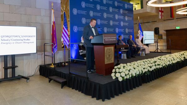 Georgetown faculty director Dr. Tim Frazier. Georgetown Ceremony at QF Celebrates Newest Graduates of the International Executive Master’s in Emergency & Disaster Management