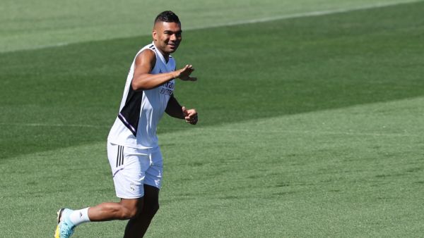 Real Madrid's Brazilian midfielder Casemiro attends a training session at the Ciudad Real Madrid training complex in Valdebebas, outskirts of Madrid, on August 19, 2022. After winning it all with Real Madrid, Brazilian defensive midfielder Casemiro will play for Manchester United this season, after both clubs today announced an agreement for the transfer of the 30-year-old Canarinha international. "Real Madrid C. F. and Manchester United have agreed on the transfer of the player Carlos Henrique Casemiro," t
