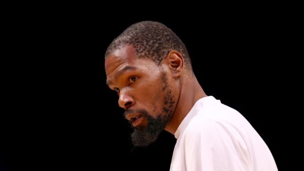 Kevin Durant #7 of the Brooklyn Nets warms up before Game Four of the Eastern Conference First Round Playoffs against the Boston Celtics at Barclays Center on April 25, 2022 in the Brooklyn borough of New York City. Elsa/Getty Images/AFP (Photo by ELSA / GETTY IMAGES NORTH AMERICA / Getty Images via AFP)