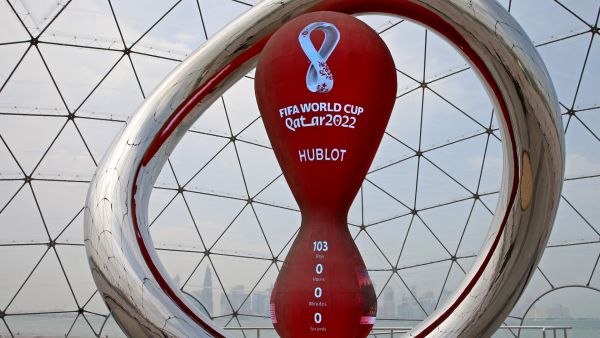 A partial view shows the Qatar 2022 FIFA World Cup countdown clock in Doha on August 10, 2022. (Photo by MUSTAFA ABUMUNES / AFP)