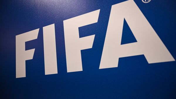 A picture shows the FIFA logo during a press conference held by the president of the football's governing body at the FIFA Executive Football Summit on February 15, 2019 in Istanbul. / AFP / OZAN KOSE