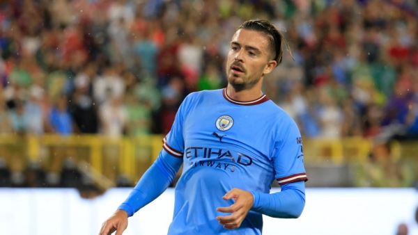 Jack Grealish of Manchester City reacts during the pre-season friendly match between Bayern Munich and Manchester City at Lambeau Field on July 23, 2022 in Green Bay, Wisconsin. Justin Casterline/Getty Images/AFP (Photo by Justin Casterline / GETTY IMAGES NORTH AMERICA / Getty Images via AFP)