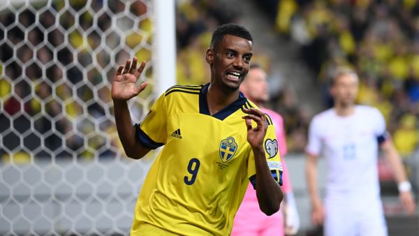 Sweden's forward Alexander Isak reacts during the FIFA World Cup Qualifier football match Sweden vs Czech Republic in Solna, on March 24, 2022. (Photo by Jonathan NACKSTRAND / AFP)