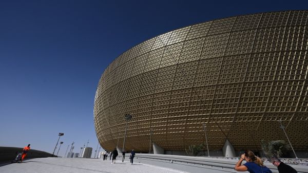 General view of the Lusail Stadium, the 80,000-capacity venue which will host the FIFA World Cup final in December, on the outskirts of Qatar's capital Doha on March 28, 2022. (Photo by GABRIEL BOUYS / AFP)