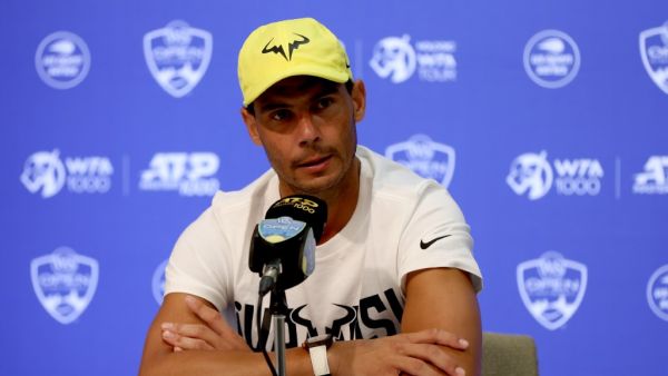 Rafael Nadal of Spain fields questions from the media during the Western & Southern Open at Lindner Family Tennis Center on August 14, 2022 in Mason, Ohio. Matthew Stockman/Getty Images/AFP (Photo by MATTHEW STOCKMAN / GETTY IMAGES NORTH AMERICA / Getty Images via AFP)