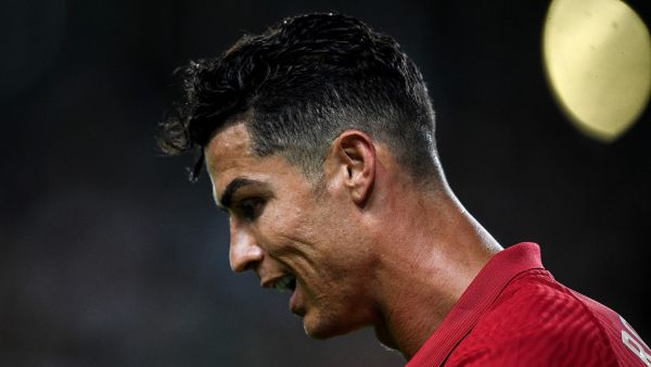 Portugal's forward Cristiano Ronaldo reacts during the UEFA Nations League, league A group2 football match between Portugal and Switzerland at the Jose Alvalade stadium in Lisbon on June 5, 2022. (Photo by PATRICIA DE MELO MOREIRA / AFP)