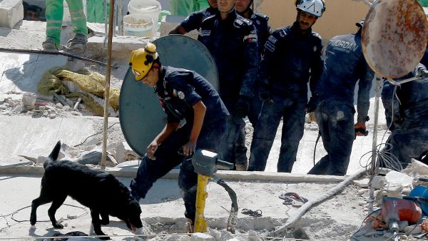 Jordanian rescue teams use a dog as they search for 10 people still missing under the rubble of a collapsed four-storey building in the capital Amman on September 14, 2022. (Photo by Khalil MAZRAAWI / AFP) rescue teams