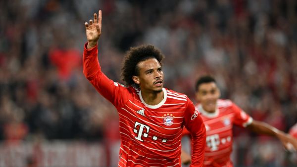 Bayern Munich's German midfielder Leroy Sane celebrates scoring the 2-0 goal during the UEFA Champions League Group C football match between FC Bayern Munich and FC Barcelona in Munich, southern Germany on September 13, 2022. (Photo by CHRISTOF STACHE / AFP)