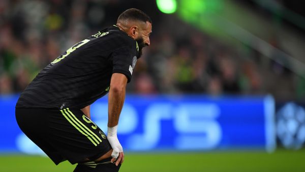 Real Madrid's French forward Karim Benzema reacts during the UEFA Champions League Group F football match between Celtic and Real Madrid, at the Celtic Park stadium, in Glasgow, on September 6, 2022. (Photo by ANDY BUCHANAN / AFP)