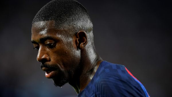 Barcelona's French forward Ousmane Dembele reacts during the UEFA Champions League Group C first-leg football match between FC Barcelona and Viktoria Plzen, at the Camp Nou stadium in Barcelona on September 7, 2022. (Photo by Pau BARRENA / AFP)