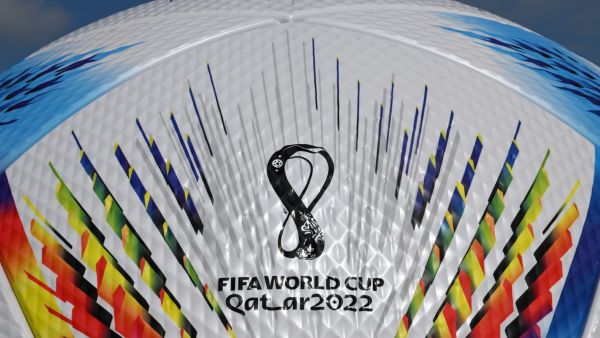 Picture taken on April 21, 2022 on the compound of the headquarters of German sports equipment maker Adidas in Herzogenaurach, southern Germany, shows a part of an oversized model of the official football of the Qatar held 2022 FIFA Football World Cup called "Al Rihla", meaning "The Journey". (Photo by Christof STACHE / AFP)