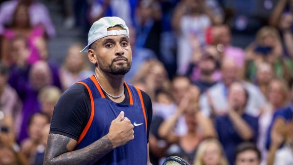 Australia's Nick Kyrgios celebrates his win against Russia's Daniil Medvedev in their 2022 US Open Tennis tournament men's singles Round of 16 match at the USTA Billie Jean King National Tennis Center in New York, on September 4, 2022. (Photo by COREY SIPKIN / AFP)