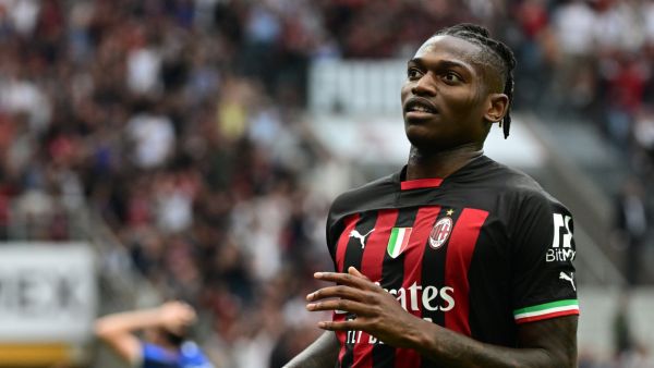 AC Milan's Portuguese forward Rafael Leao reacts after scoring during the Italian Serie A football match between AC Milan and Inter Milan at the San Siro stadium in Milan on September 3, 2022. (Photo by Miguel MEDINA / AFP)