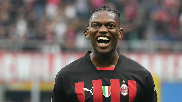 AC Milan's Portuguese forward Rafael Leao celebrates scoring his team's third goal during the Italian Serie A football match between AC Milan and Inter Milan at the San Siro stadium in Milan on September 3, 2022. (Photo by Isabella BONOTTO / AFP)